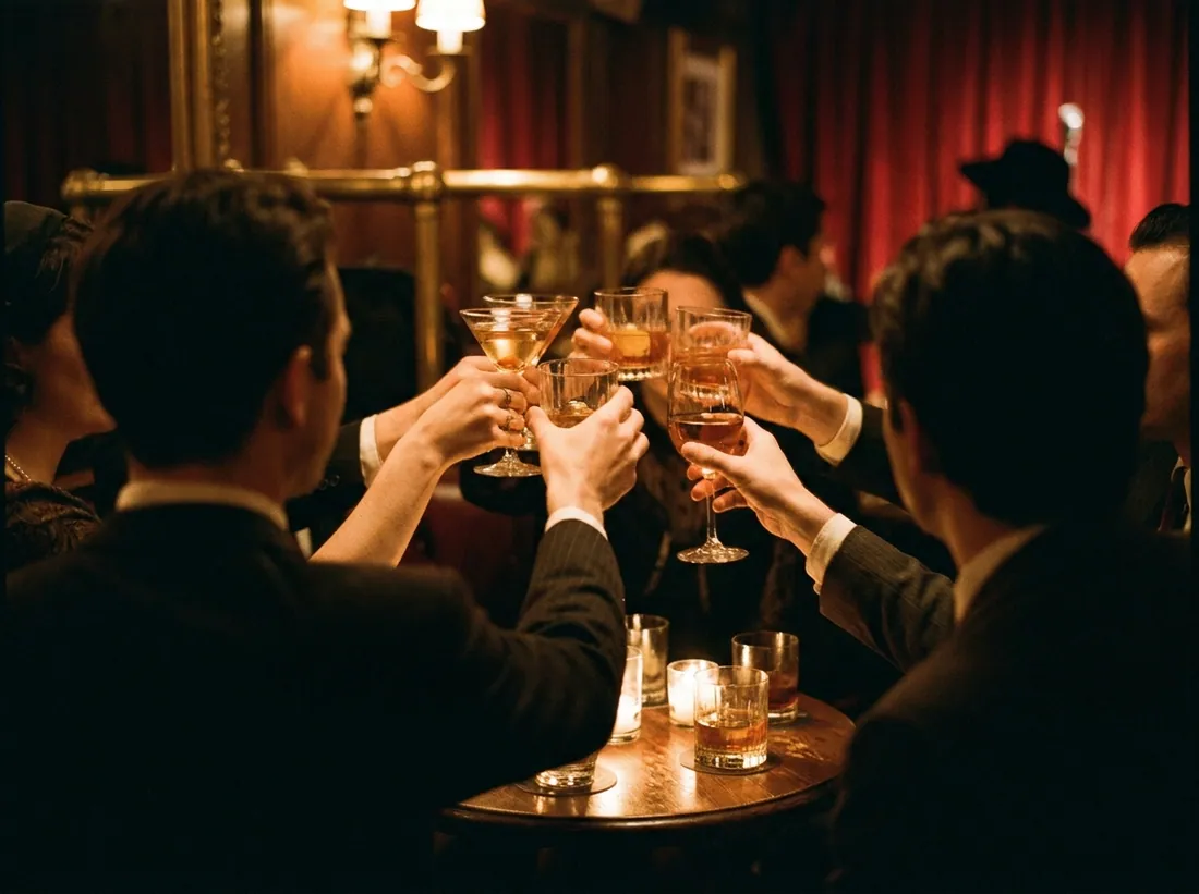 Glasses raised in a toast in a candlelit bar