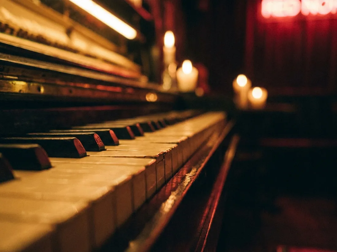 Close-up of piano keys under warm bar light
